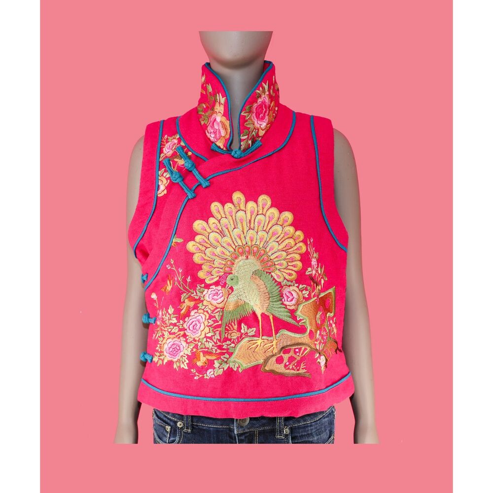 Vintage Qipao Top Floral Cheongsam Blouse Mandarin Embroidered Vest Size Large